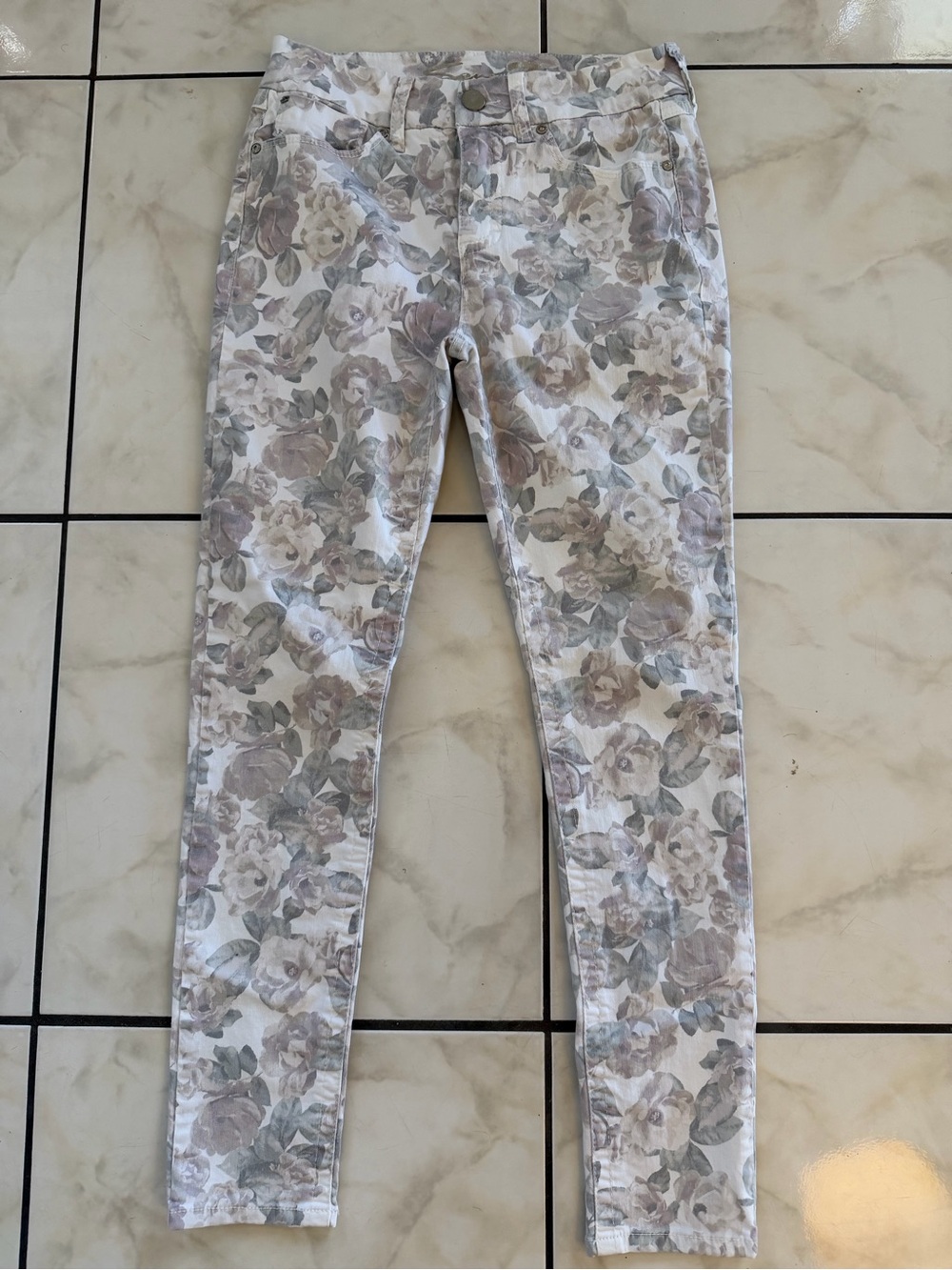 Seven7 Floral Skinny Jeans - White with Taupe and Sage Print